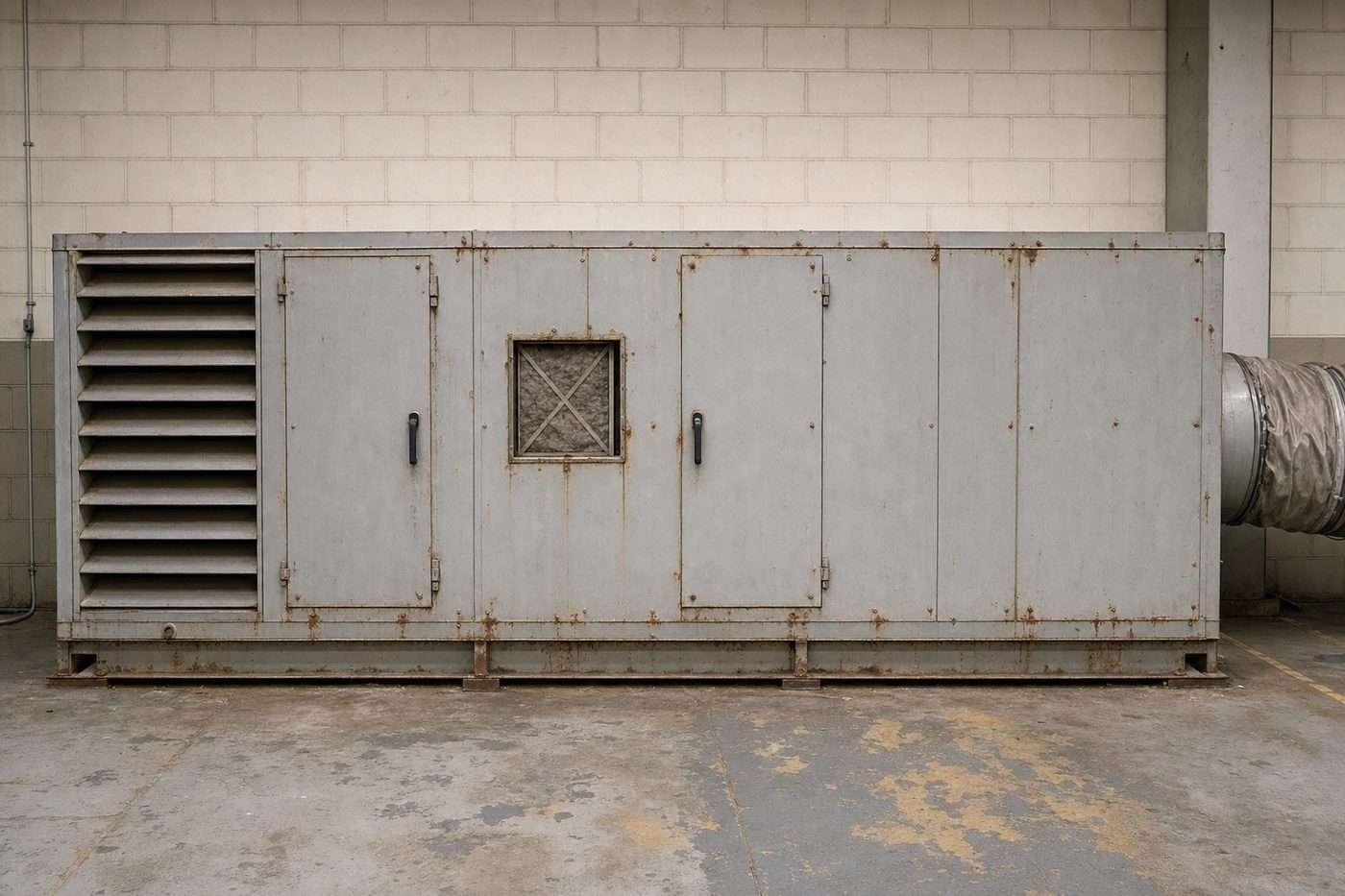 A corroded air handling unit in a plant room before refurbishment
