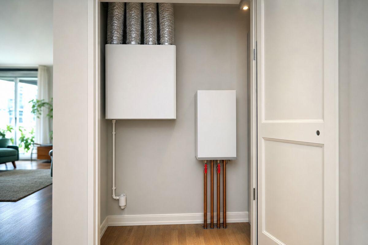 A heat recovery ventilation unit and a heat interface unit in an apartment utility cupboard