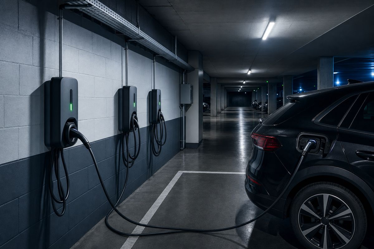 Electric vehicle charge points and cable containment in an underground car park