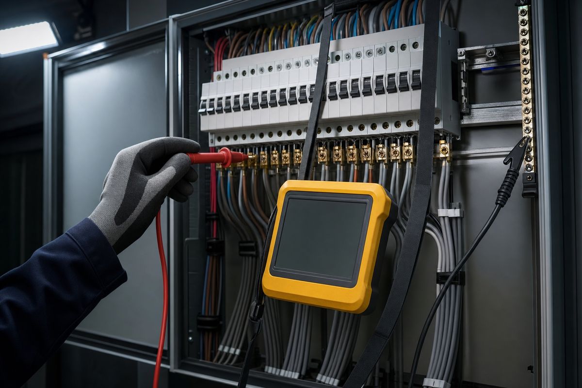An engineer testing terminals inside an open three phase distribution board
