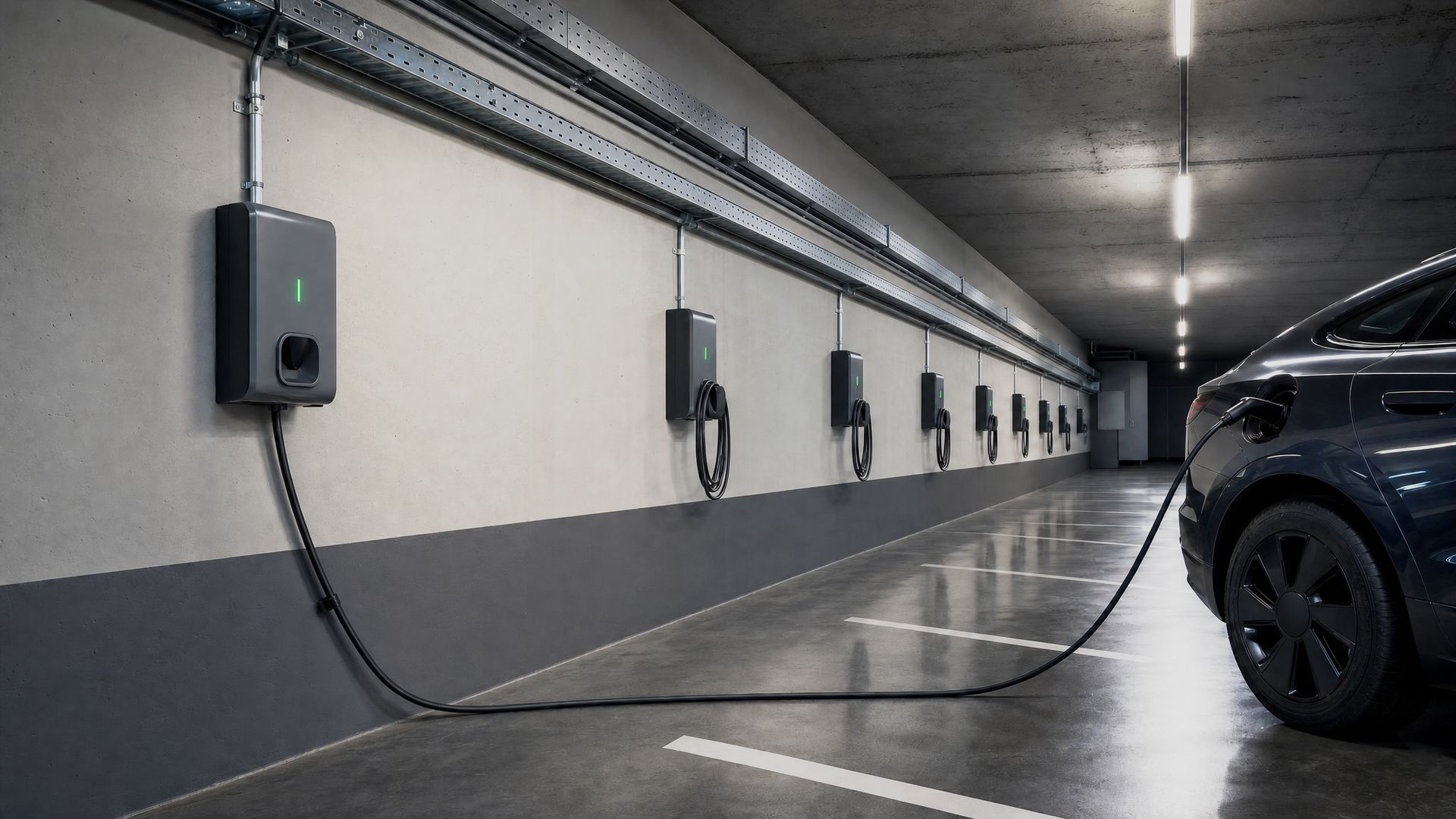 A row of electric vehicle charge points along the wall of an underground car park