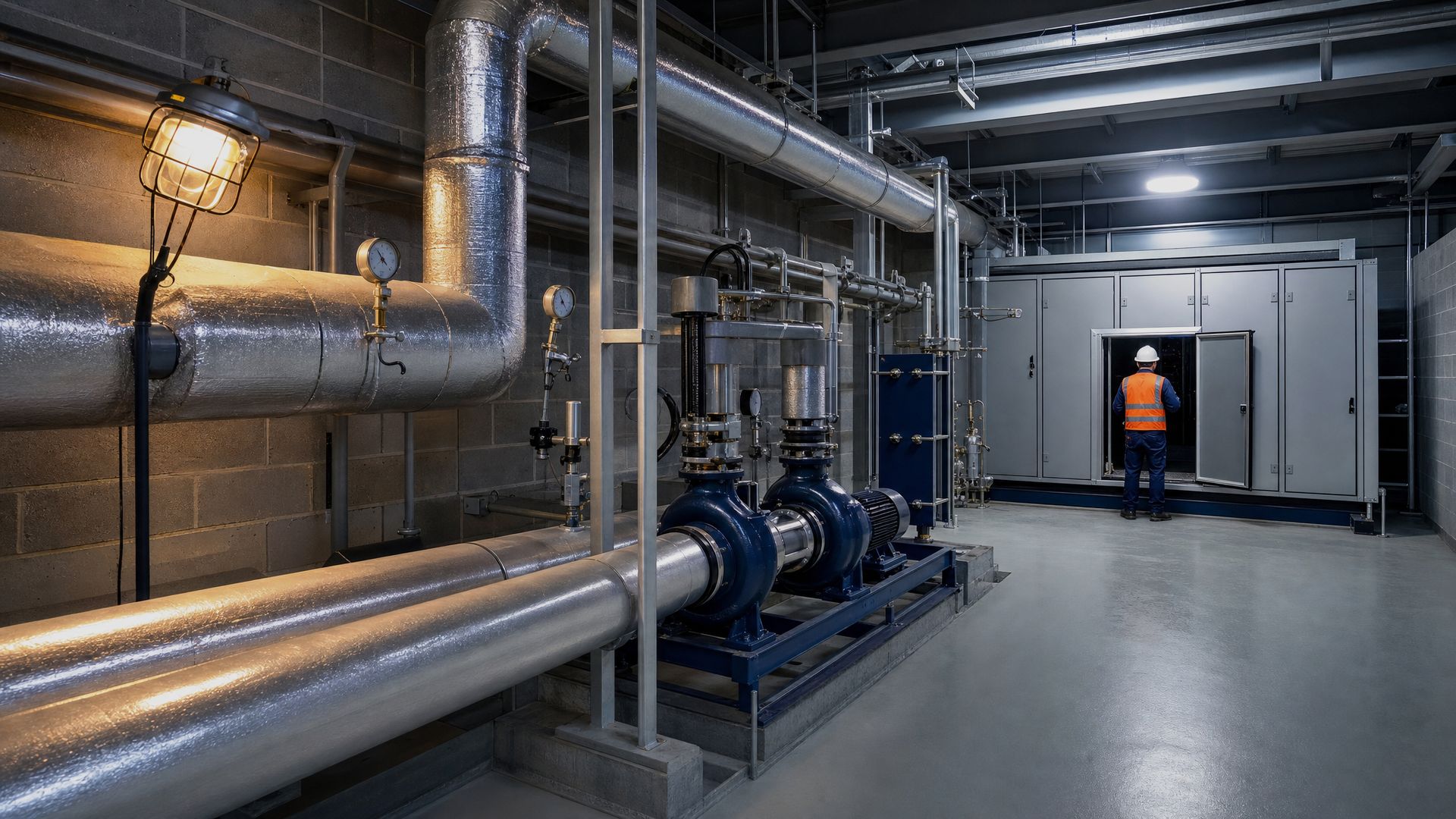 Pipework, a pump set and an air handling unit running the length of a commercial plant room