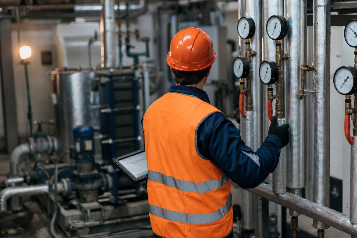 An engineer checking pressure gauges and pipework during a planned maintenance visit