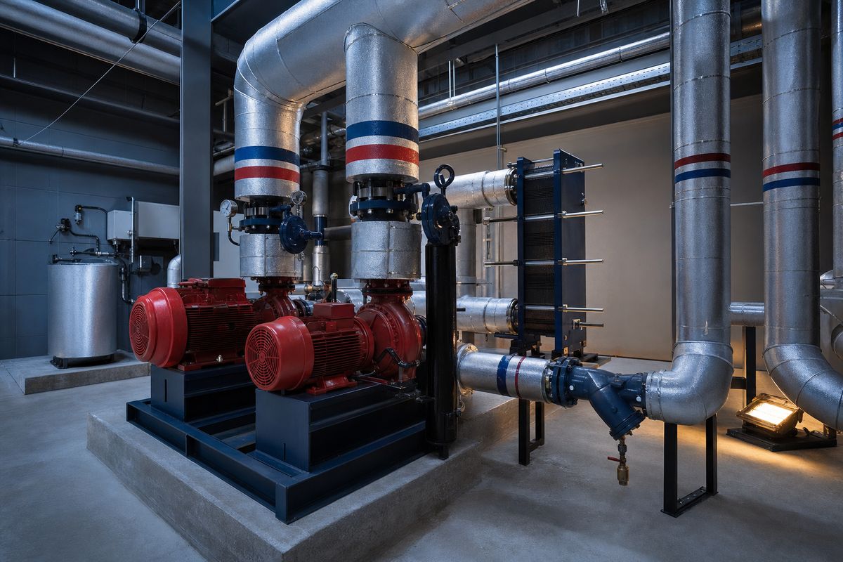 A twin pump set and insulated pipework in a commercial plant room