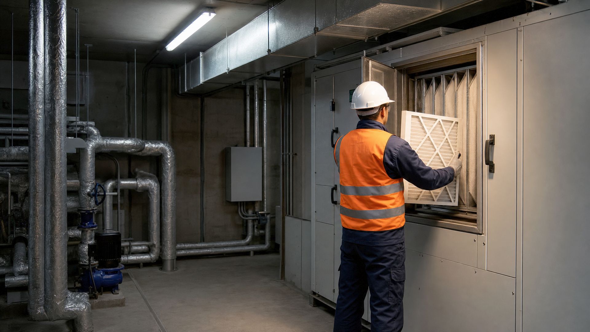 An engineer working at the open access panel of an air handling unit in a plant room