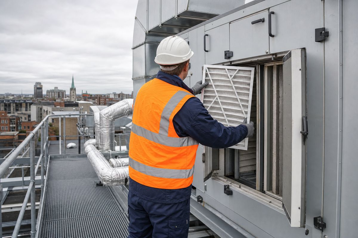 An engineer on a rooftop plant deck lifting a filter out of an open air handling unit