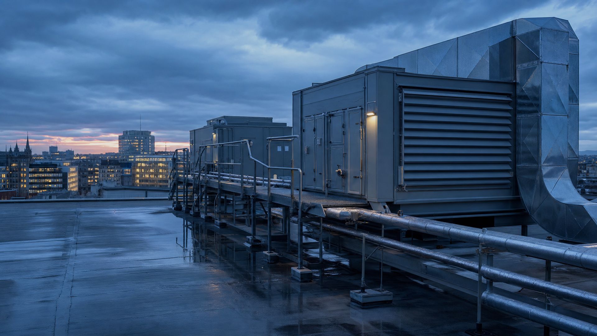 Air handling units and ductwork on a commercial building rooftop plant deck at dusk